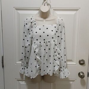Versona White and Black Puff Sleeve Blouse with Tie Front